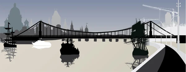 Città buia con fiume e ponte — Vettoriale Stock
