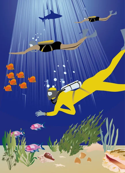 Vissen en duikers illustratie — Stockvector