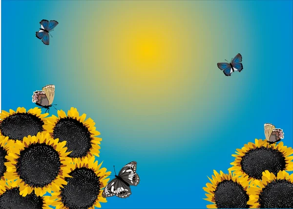 Illustration jaune tournesols et papillons — Image vectorielle
