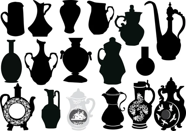 Black jugs collection on white — Stock Vector