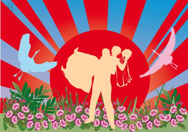 Mariage couple, cigognes et fleurs — Image vectorielle