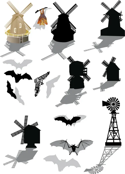 Morcegos e moinhos de vento isolados sobre branco — Vetor de Stock