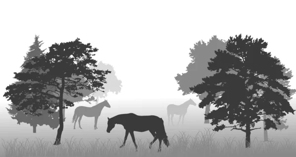Лошади между деревьями — стоковый вектор