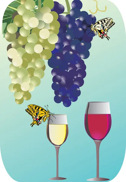 Druiven en wijn glazen op blauwe achtergrond — Stockvector