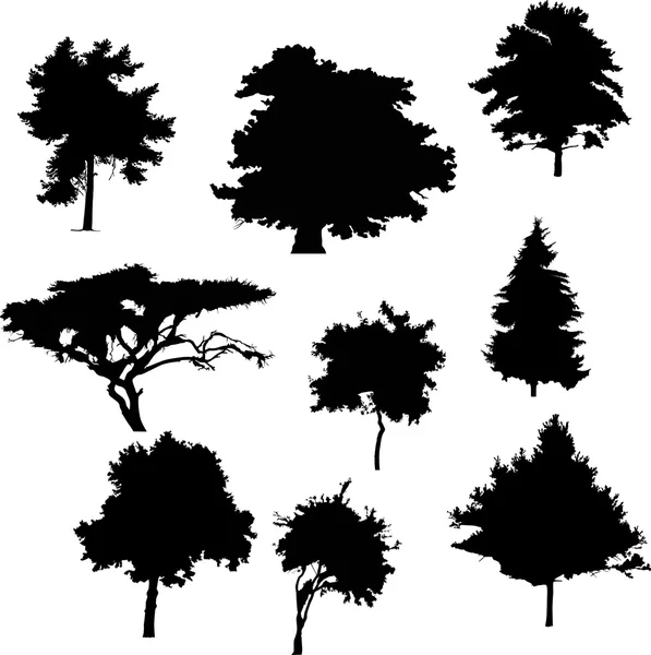 Nove silhuetas de árvores — Vetor de Stock
