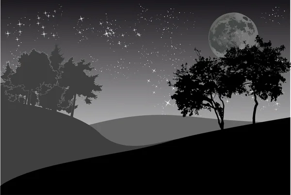 Ağaçlar ve gece gökyüzünü moon ile — Stok Vektör