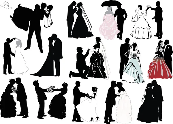 Ensemble silhouette de couple de mariage — Image vectorielle