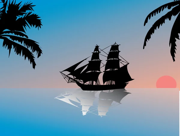 Coucher de soleil sur la mer avec bateau — Image vectorielle