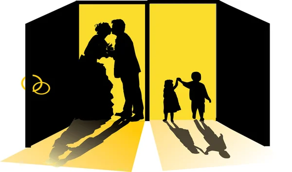 Silhouettes couple et enfants dans l'embrasure de la porte — Image vectorielle