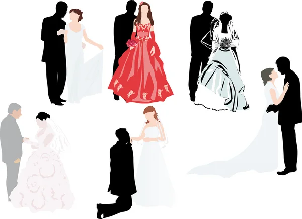 Set of weddig couples on white — Stock Vector