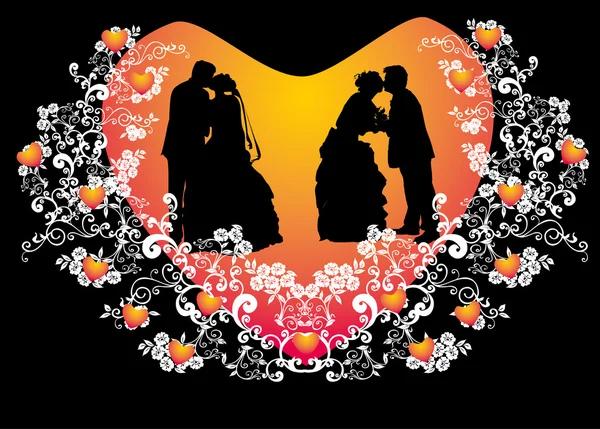 Matrimonio silhouette coppie in cornice a forma di cuore rosso — Vettoriale Stock