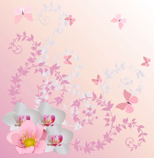 Ight pink orchid decoration and butterflies — Stock Vector