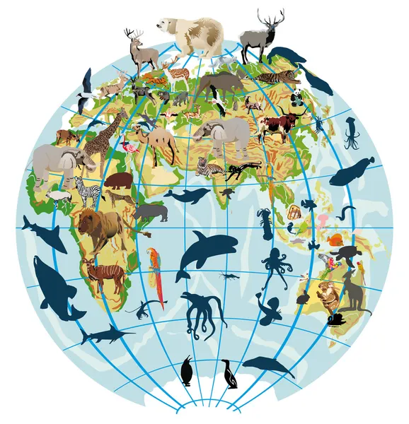 Earth globe with different animals — Stock Vector