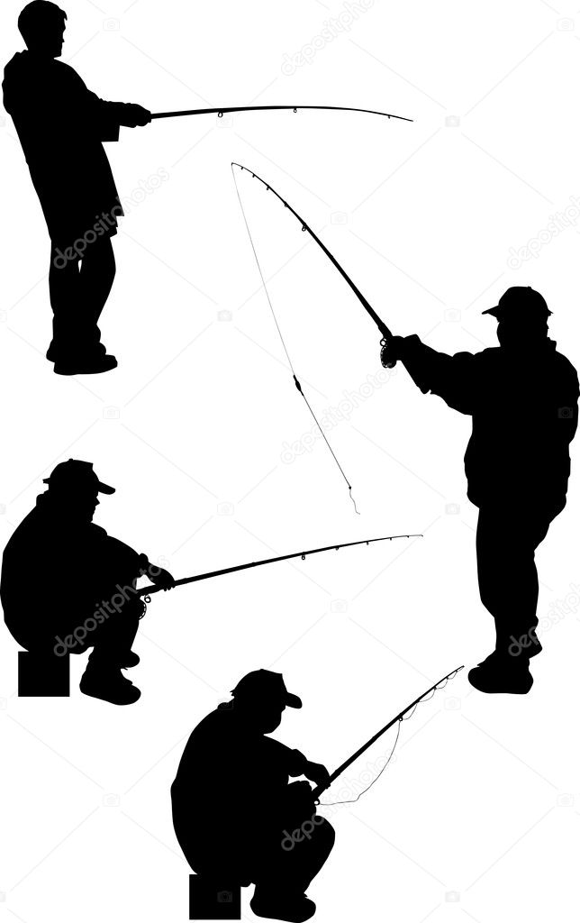 four fishermen silhouettes isolated on white