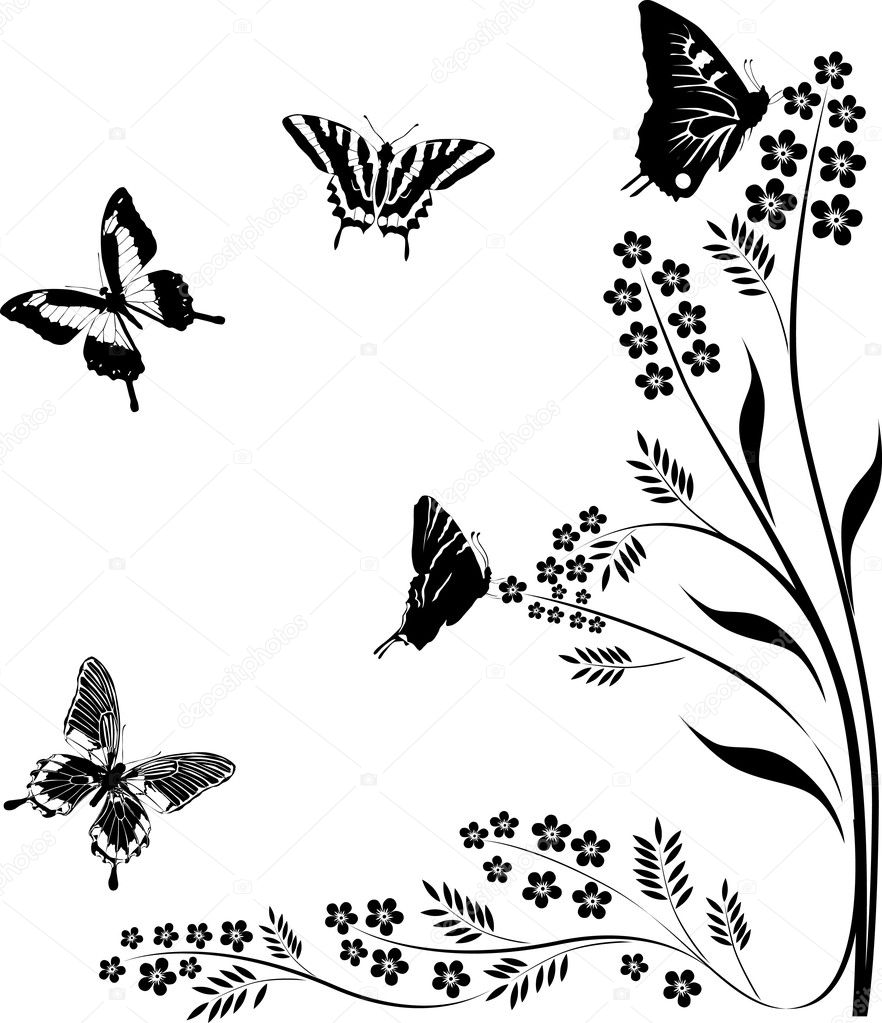black butterflies and flowers isolated pattern