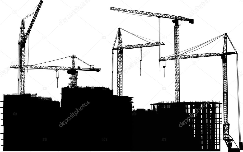 building illustration with five cranes
