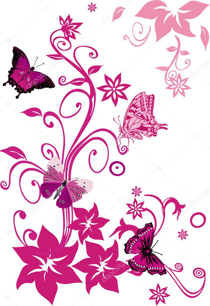 pink butterflies on flowers on white