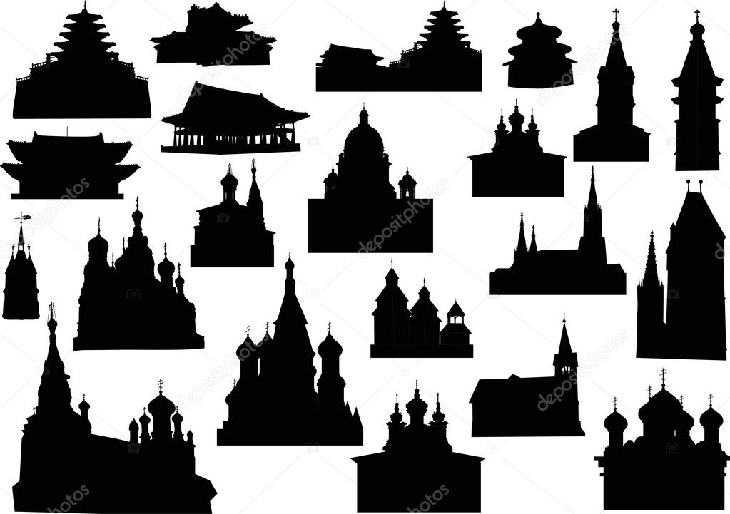 different religious buildings isolated on white