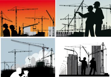 four compositions with builder and crane silhouettes clipart