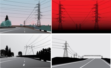 set of landscapes with electric lines clipart