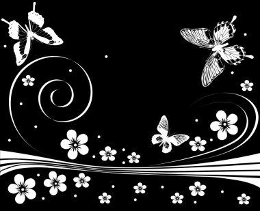 Beyaz silüetler, kelebekler, çiçekler ve bukleler
