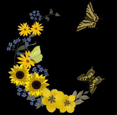 yellow butterflies and flowers curl on black clipart