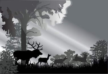 deer silhouettes in grey forest clipart