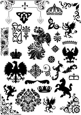 set of isolated heraldic animals and ornaments clipart