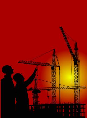 wokers and cranes at sunset clipart