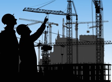 wokers and building under blue sky clipart