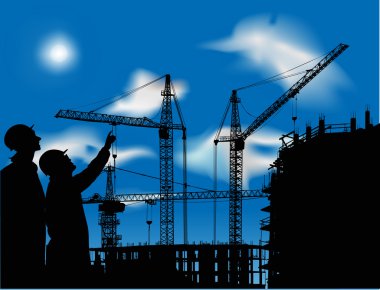 building and two wokers under cloud sky clipart