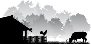 landscape with cow and cock clipart