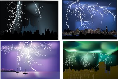 four illustrations with lightning landscapes clipart