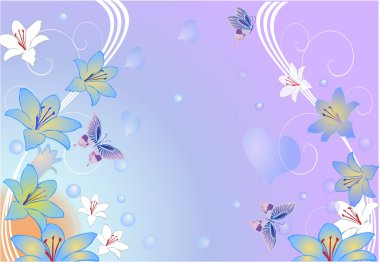 blue design with lily flowers and butterflies clipart