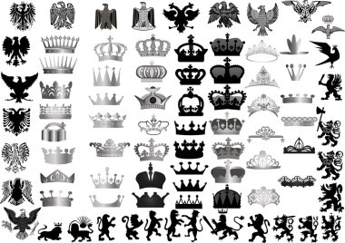 large set of grey crowns and heraldic animals clipart