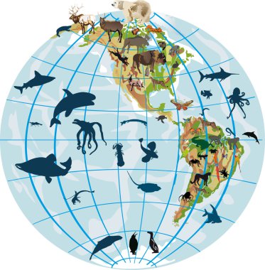 earth globe and different animals clipart