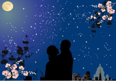 couple under star sky and full moon clipart