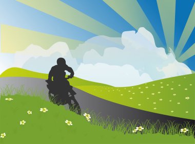 man on motorcycle in rural landscape clipart