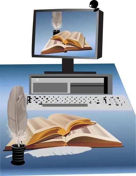 Počítač a knihy ilustrace — Stockový vektor