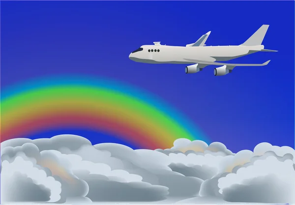 Gökkuşağı ile mavi gökyüzünde uçak — Stok Vektör