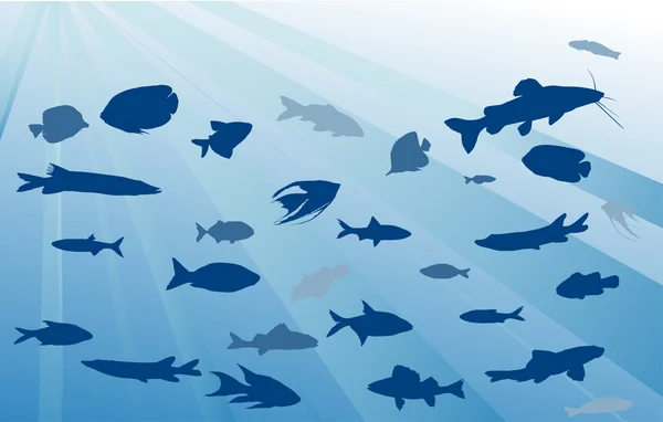 Peces en el mar azul ilustración — Vector de stock