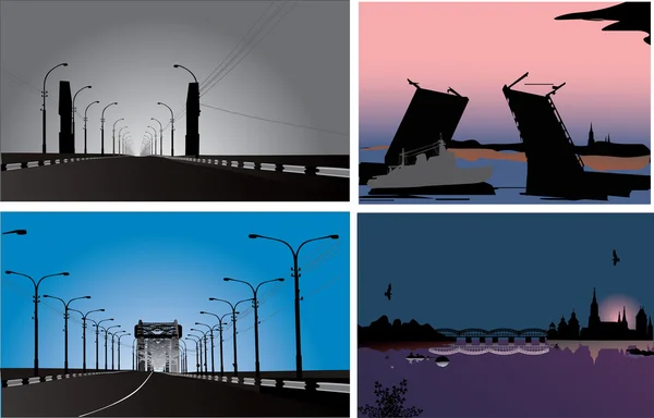 Cuatro ilustraciones con puentes — Vector de stock