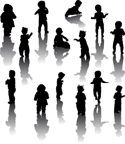 Fourteen baby silhouettes with reflections — Stock Vector