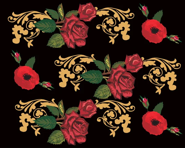 Φόντο με κόκκινα τριαντάφυλλα και χρυσό μπούκλες — Διανυσματικό Αρχείο