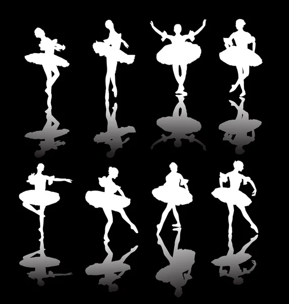 Eight white ballet dancers with reflections — Stock Vector