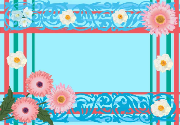 蓝色框架中的白色和粉红色的花朵 — 图库矢量图片