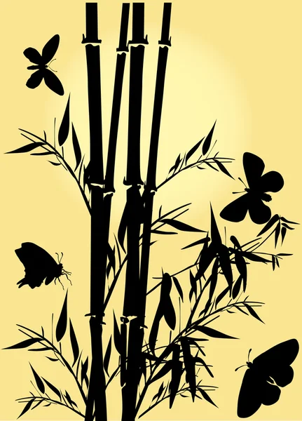 Bamboo and butterflies on yellow — Stock Vector