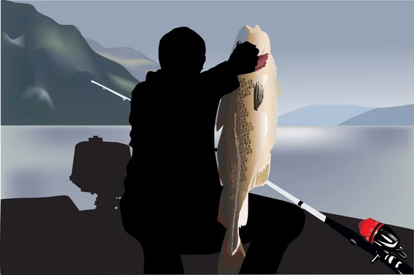 Rybak i duża ryba rysunek — Wektor stockowy