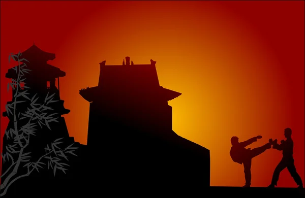 Dos combatientes al atardecer cerca de pagoda — Vector de stock