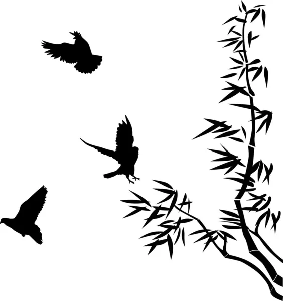 Siyah bambu ve küçük kuşlar — Stok Vektör
